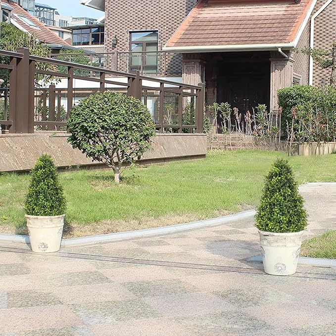 30" Artificial Boxwood Faux Plants Outdoor, UV Resistant Topiary Trees Realistic Cone-Shaped Fake Bushes and Shrubs Potted Fakeplants Set of 2 for Front Porch Patio Outside Planter Decor