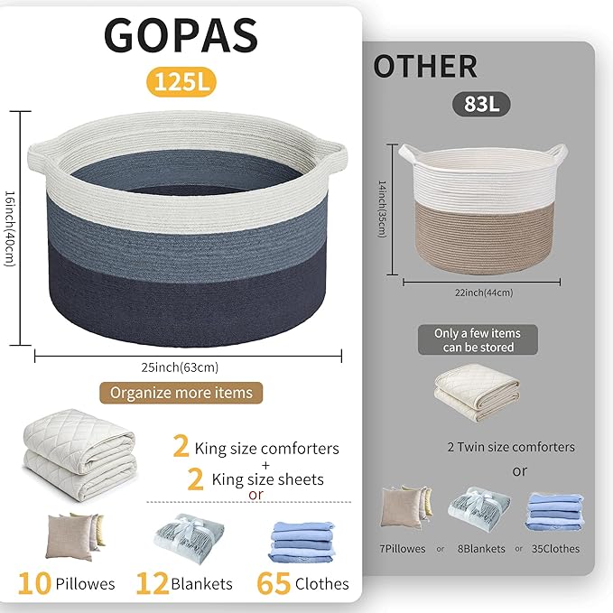 125L Extra Large Blanket Basket, 25" x 16", Jumbo Laundry Woven Baskets Decorative Home, Cotton Rope Basket with Handles, Baby Toy Baskets for Storage, Gradual Blue, 2PC