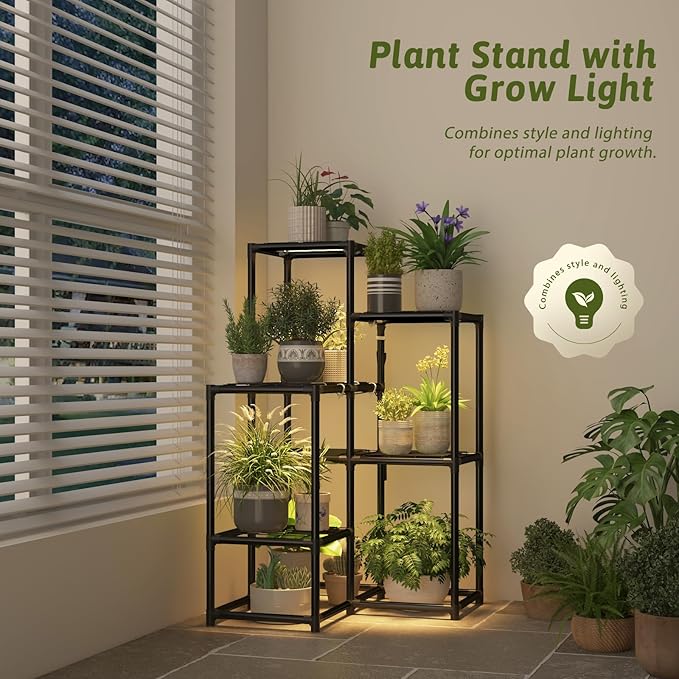 Corner Plant Stand with Grow Lights Plant Shelf Indoor for Multiple Plants Metal Plant Rack Plants Holder Flower Stand for Patio Porch Garden