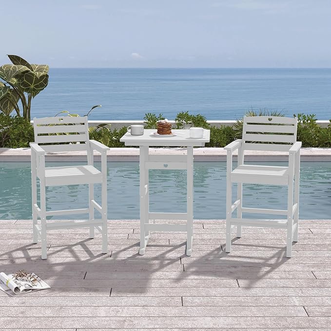 3-Piece HDPE Outdoor Bar, Outdoor Bar Stools and Outdoor Bar Table with Heart Cutout Design, All Weather Bistro Set Outdoor for Patio, Porch, Pool (White)