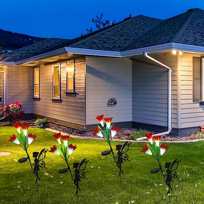 2 Pack Solar Lights Outdoor Waterproof, Outdoor Fairy Solar Lights for Yard with Flower Lights, Color Changing Solar Garden Lights, Solar Fairy Garden Decor for Patio, Lily Flower Light Gifts for Mom