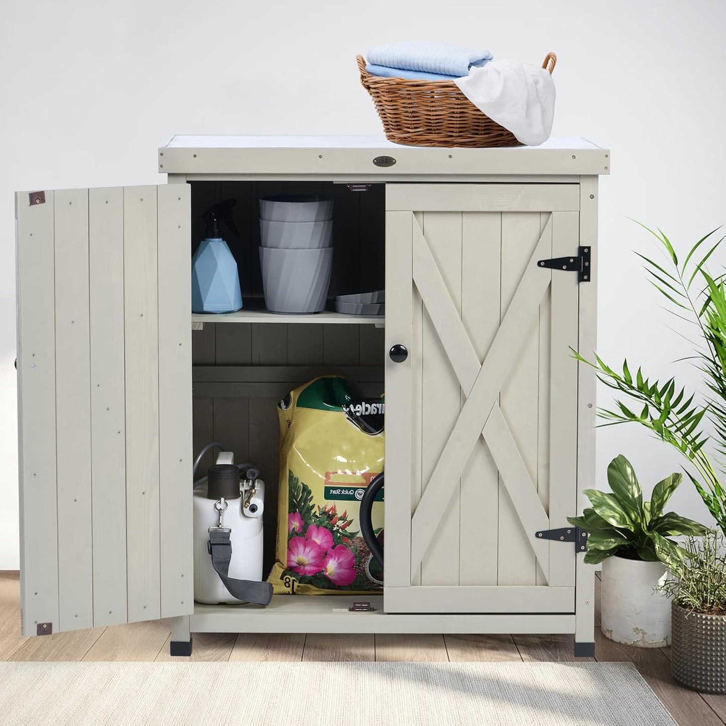Outdoor Storage Cabinets Weatherproof for Patio, Garden Work Bench with Shelves & Metal Tabletop, Wooden Potting Table Workstation