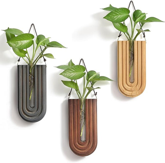 Wood Wall Planter Indoor, Propagation Station, Wooden Hanging Vase for Dried Flowers, Wall Plant Holder, Boho Wall Décor for Living Room U Rainbow Shape (Set of 3)