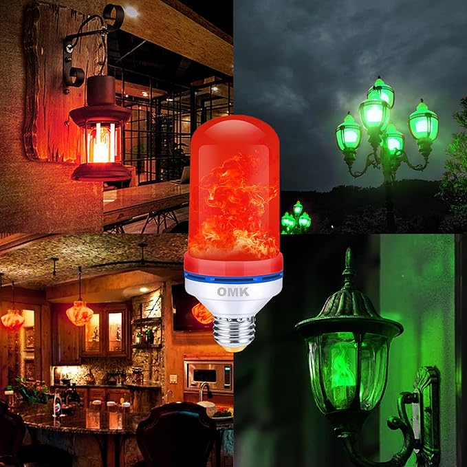 OMK - LED Christmas Decorations Flame Effect Light Bulbs - Upgraded 4 Modes Two-Tone Fire Simulated Lamps - Holiday/Christmas Gifts/Party/Indoor/Outdoor Decoration Lights (2Pack)