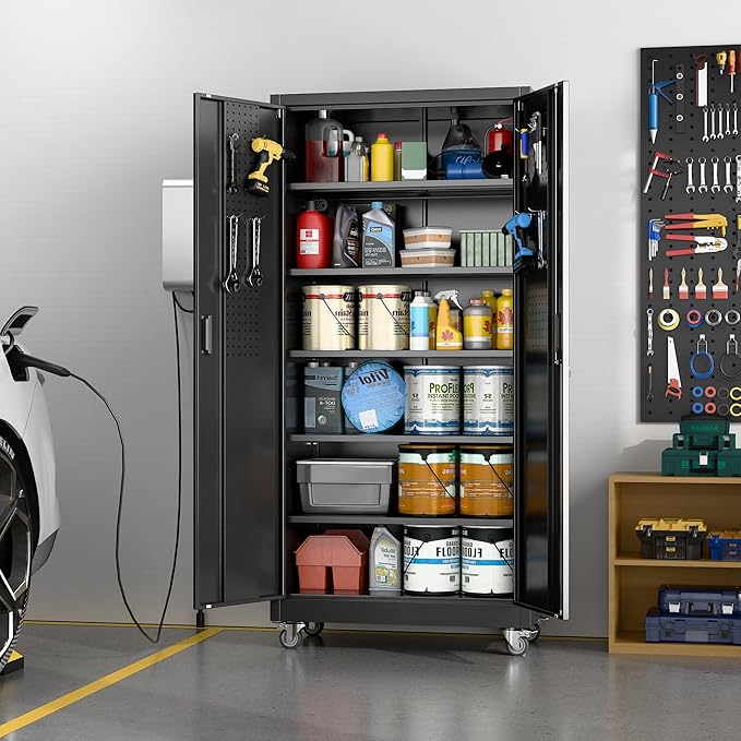 71" H×34" W×18" D Metal Garage Storage Cabinet with Wheels & Pegboard, Lockable Metal Storage Cabinets with 2 Doors&5 Adjustable Shelves for Garage&Home,Assembly Required,Black