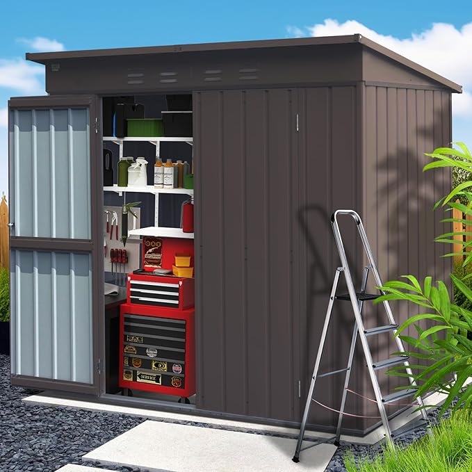 Domi Outdoor Storage Shed 6' x 4.5’, Metal Garden Shed with Galvanized Steel Frame for Bike, Tools, Lawn Mowers, Pool Toys, Outdoor Storage Cabinet with Lockable Door for Garden Lawn Patio (Brown)