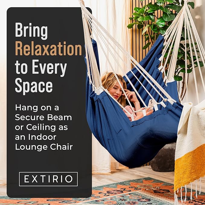 Hanging Hammock Chair Swing – Hanging Chair Outdoor & Indoor - Hammock Swing Chair – Quick & Easy Setup with Hardware Kit – Durable & Spacious Full Body Support – Holds 440 Lbs