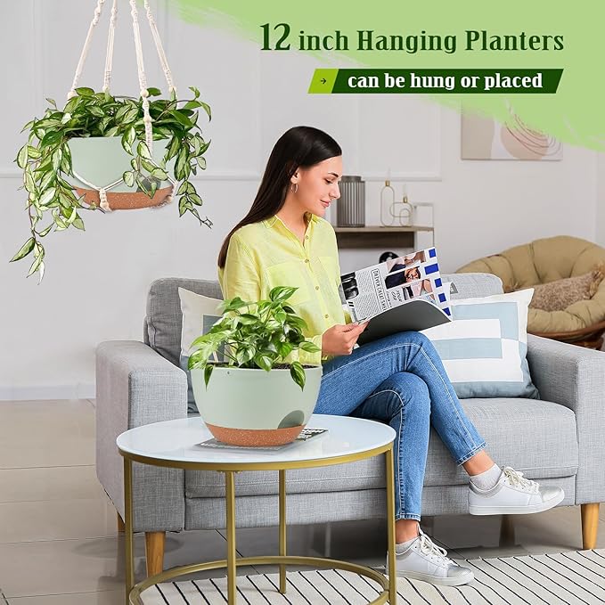 Hanging Planters for Outdoor Indoor Plants, 2 Pack 12 Inch Hanging Basket Plants Outdoor, Self Watering Hanging Planter with Plant Hanger for Garden Home Decoration (2 Type Plant Hangers Green)
