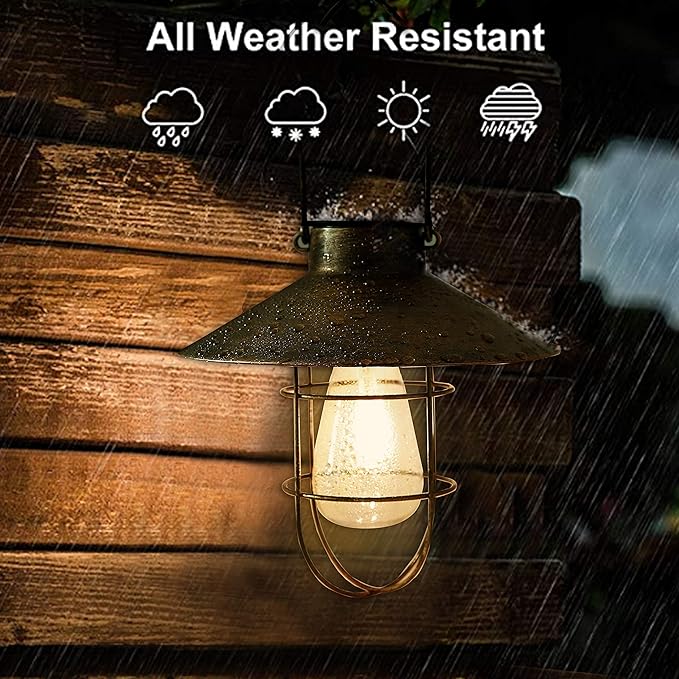 pearlstar Solar Lantern Outdoor Hanging Light Metal Solar Lamp with Warm White Edison Bulb Design for Garden Yard Patio Proch Decor(Black)