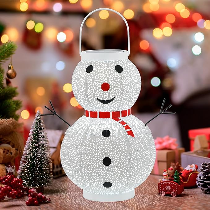 Christmas Decorations Snowman Solar Lantern - Snowman Solar Hanging Lantern Outdoor Waterproof , Metal Standing Solar Powered LED Lantern Decorative Lights for Outside Garden Yard Porch - White