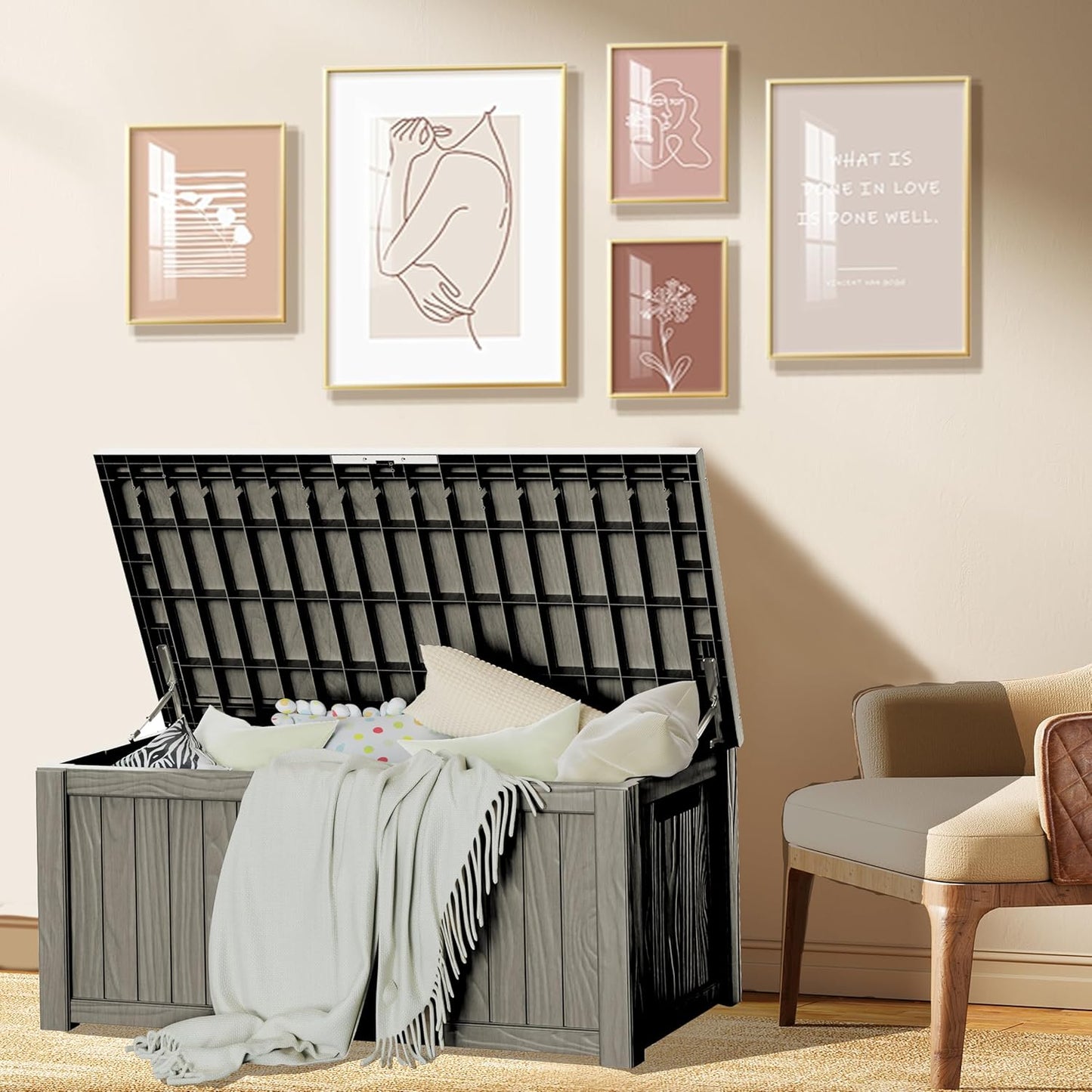 150 Gallon Waterproof Large Resin Deck Box Indoor/Outdoor Lockable Storage Container and Seating for Garden, Pool, and Patio (150 Gallon, Grey)