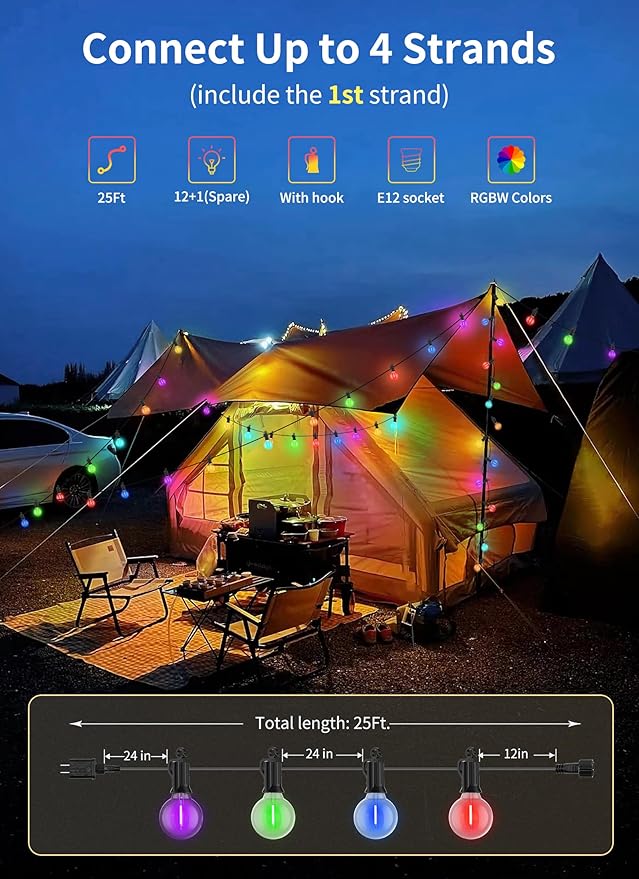 Brightown RGBW Outdoor String Lights, 25FT LED Patio Lights with Remote and Timer, Commercial Grade Waterproof Hanging Lights with 13 Shatterproof Bulbs(1 Spare) for Backyard Porch Garden Party Decor
