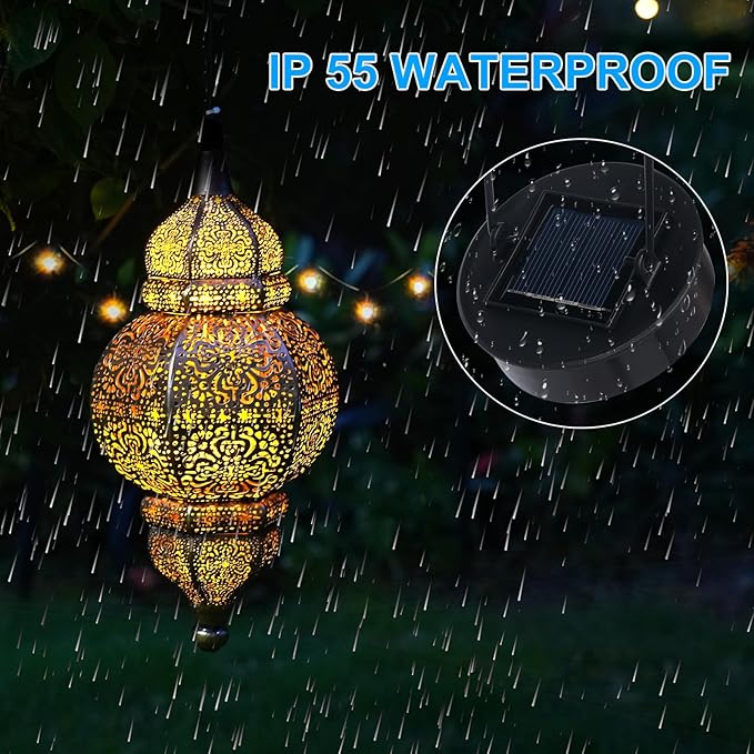 Hanging Solar Lights, Outdoor Decor Solar Lantern, Waterproof Metal Moroccan Lantern for Outside Patio Pathway Yard Front Porch Backyard Garden Decorative