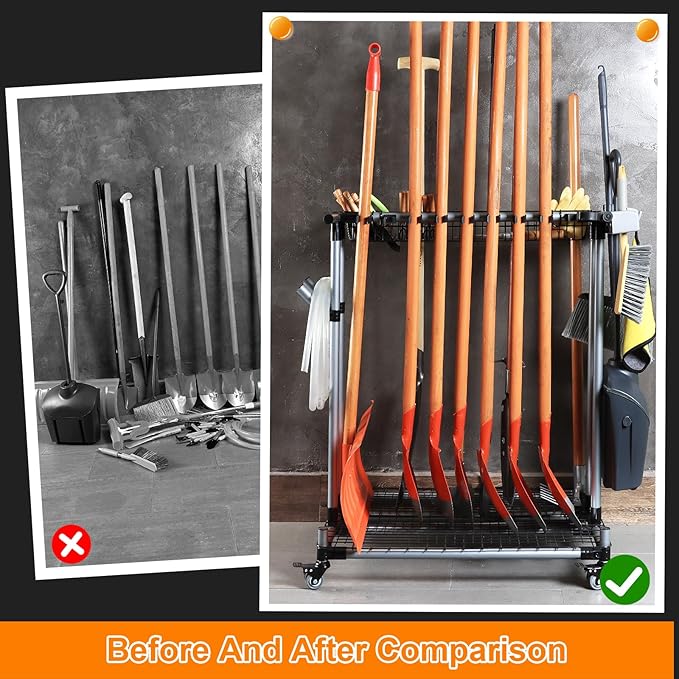 Garden Tool Storage Rack with Wheels Heavy-Duty Organizer for Garage, Yard, and Garden Tools
