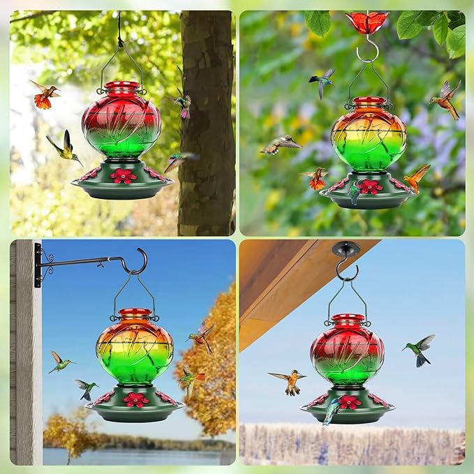 BOLITE Hummingbird Feeder, Glass Hummingbird Feeders for Outdoors Hanging, 22 Ounce, Five Feeding Ports with Perch, Peony Flower Shape, Orange and Green, Gifts for Women Men, Gifts for Mom Dad