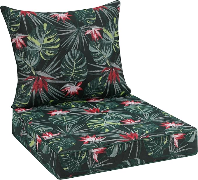 Favoyard Outdoor Seat Cushion 19 x 19 x 3 in Waterproof Pattern Fade Resistant Cover Removable Patio Furniture Cushions Deep Seat & Back Cushion Set with Adjustable Straps for Patio Chair Sofa Couch