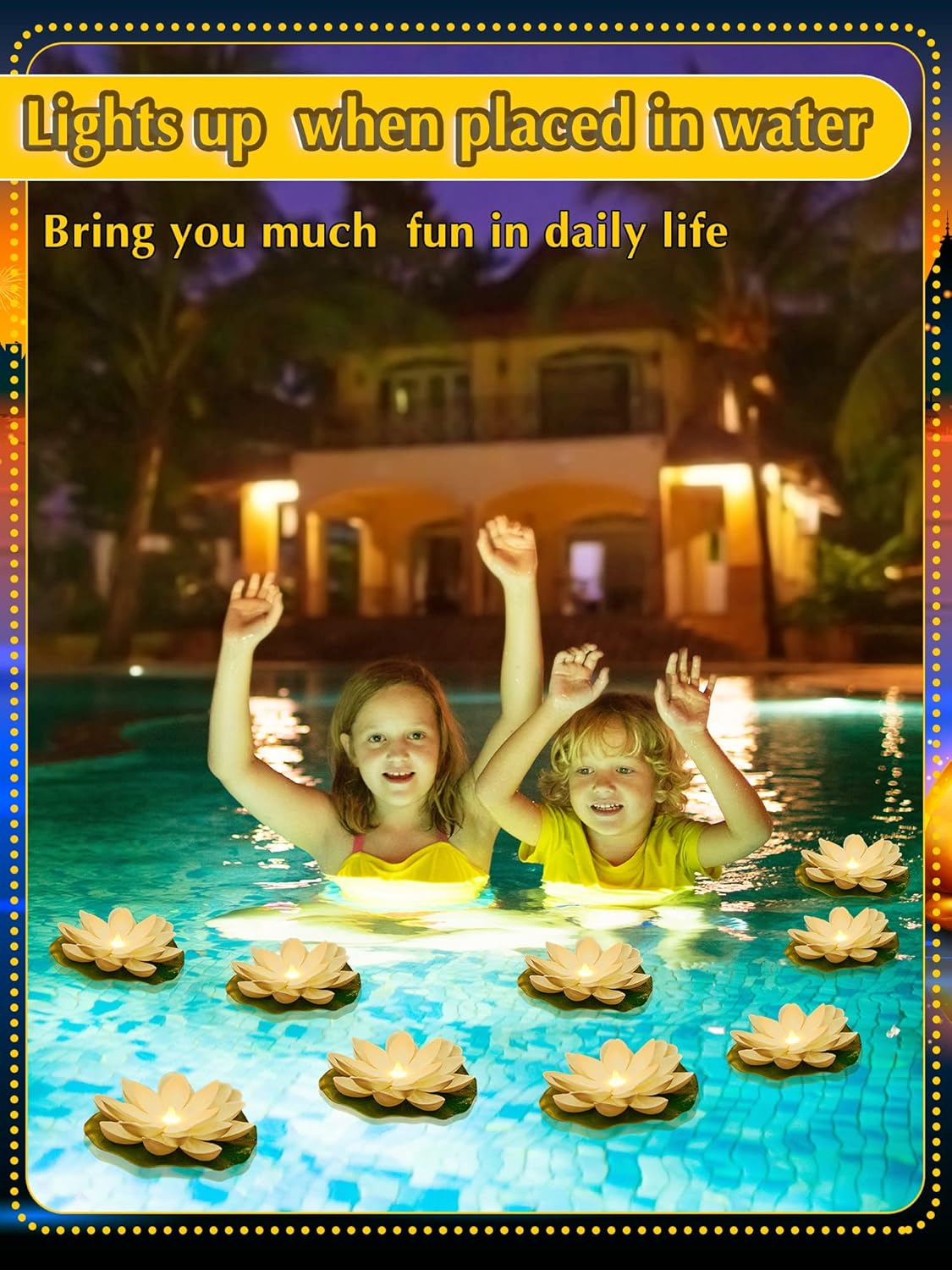 Hortsun 12 Pcs Floating Lotus Lights with Batteries Lily Pads Pool Flowers Diwali Pooja Decorations Floating Candles Decor for Pool Pond Outdoor Indoor(5.91 Inch,White)