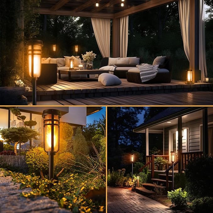 Metal Solar Torch - Adjustable Height (24" - 50"), Outdoor Lights with Flickering Flame, Waterproof Solar Powered Lights, Flame Torches for Patio, Pathway, Yard Decor, Matte Black (4-Pack)