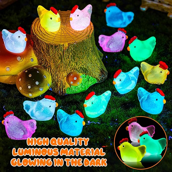 64PCS Luminous Mini Chicken Figurines Resin Miniature Animals, 8 Colors Tiny Chickens Miniature Glow in The Dark for Dollhouse, Micro Landscape, DIY, Home Outdoor Party Decor