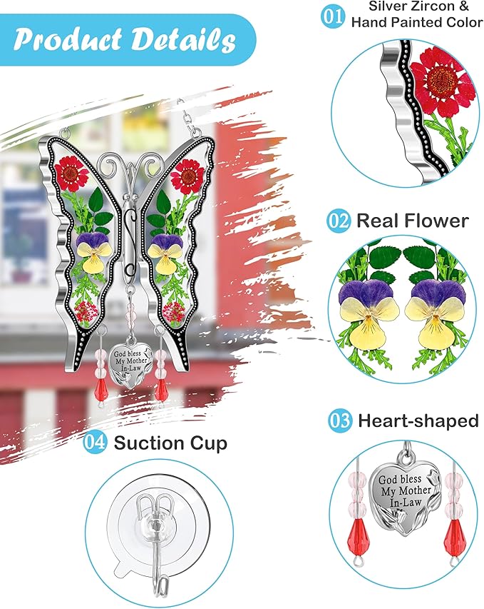 KY&BOSAM Butterfly Suncatcher God Bless My Mother-in-Law Gift Stain Glass Suncatchers for Window Hanging Wind Chime Home Ornament Mom Gift for Mother`s Day Valentine's Birthday Thanksgiving Christmas
