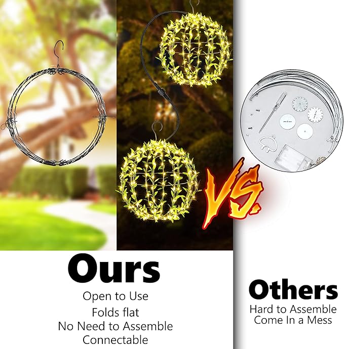 Flacchi Hanging Iron Sphere Lights with Artificial Greenery – 12Inch 120 LED Waterproof Outdoor/Indoor Decor Ball Light with Timer & 8 Modes – 2 Pack for Garden, Christmas, Weddings (Warm White)