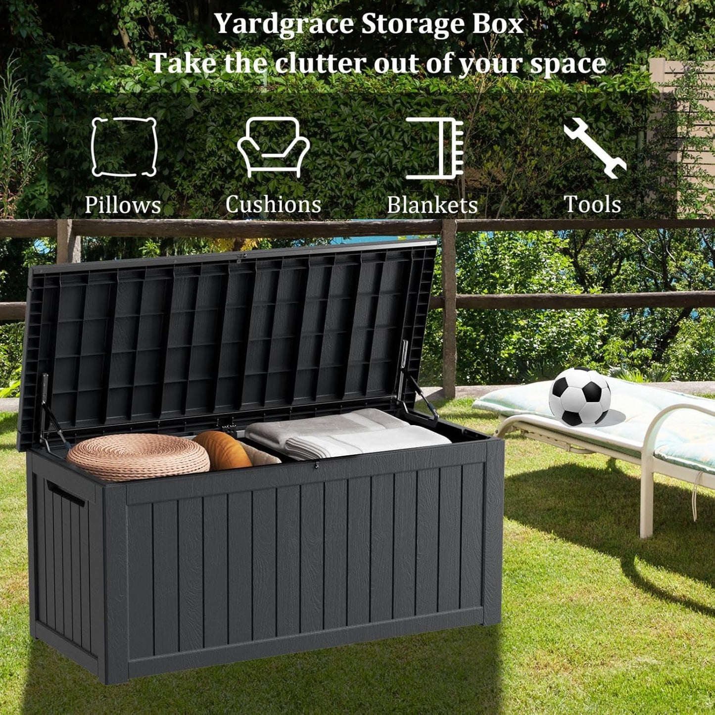 270 Gallon Waterproof Deck Box, Lockable Resin Storage Box for Patio Furniture Cushions Garden Tools and Outdoor Delivery Storage, Black