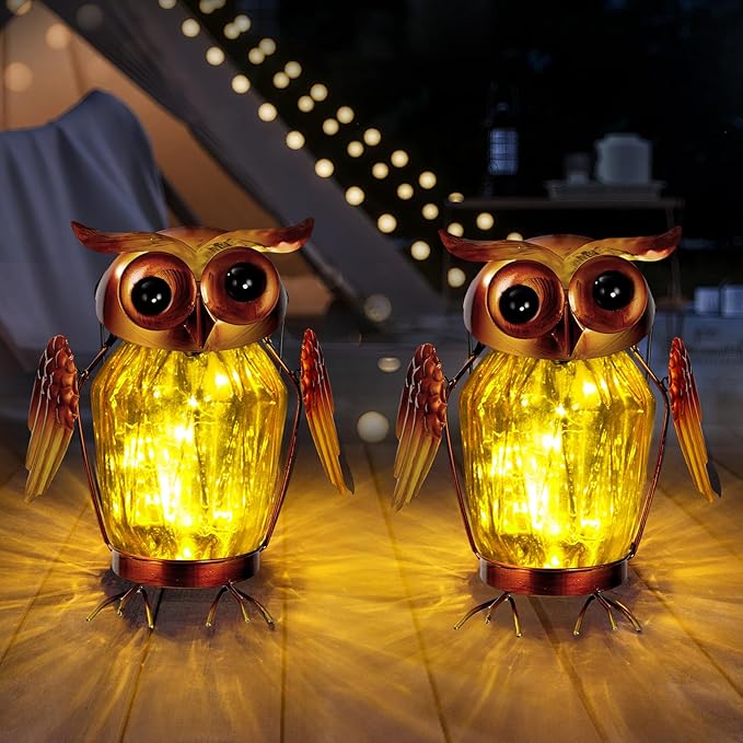 2 Pack Hanging Solar Lantern, Owl Solar Lanterns Outdoor Waterproof LED Glass Jar Lights for Garden Yard Tree Table Xmas Metal Decoration Lanterns