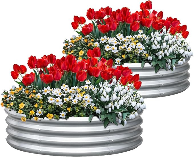 KING BIRD Raised Garden Bed Galvanized Round Planter Box Outdoor for Gardening, Plants, Vegetables, Flowers, Silver, 47x47x12 in 2 Packs