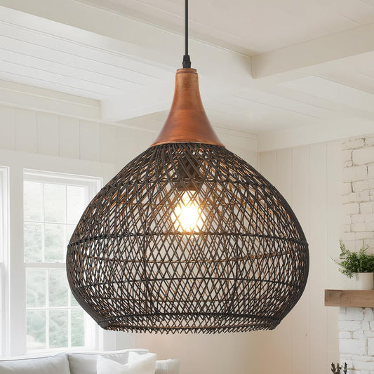 Black Rattan Pendant Light, 15.7" Rattan Chandelier Hand-Woven Wicker Pendant Light Fixtures with Solid Wood, Basket Hanging Lighting for Dining Room Kitchen Island Living Room