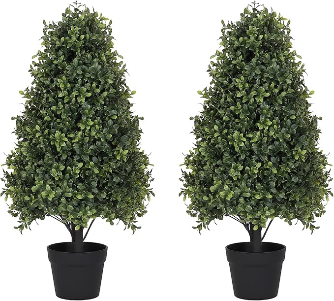 30" Boxwood Topiary Trees Artificial Outdoor Set of 2, UV Resistant Faux Plants for Front Porch Planters, Realistic Cone-Shaped Fake Bushes & Shrubs, 2.5ft Evergreen Decoration