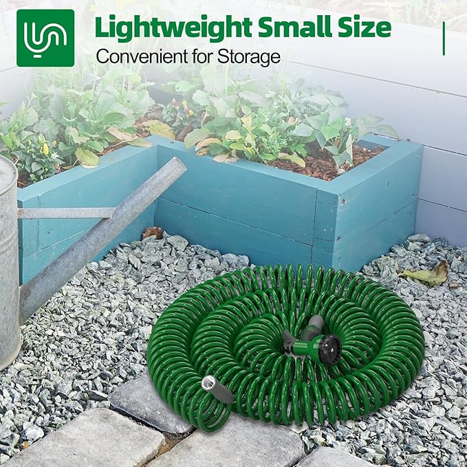 3/8" Lightweight Coil Garden Hose 100FT, EVA Flexible Curly Water Pipes with 6-Pattern Spray Nozzle for Boat, Greenhouse, Yard, Patio, Green
