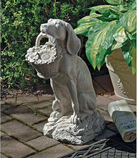 Design Toscano Man's Best Friend Dog with Basket Outdoor Garden Statue, 8 Inches Wide, 12 Inches Deep, 19 Inches High, Handcast Polyresin, Antique Stone Finish