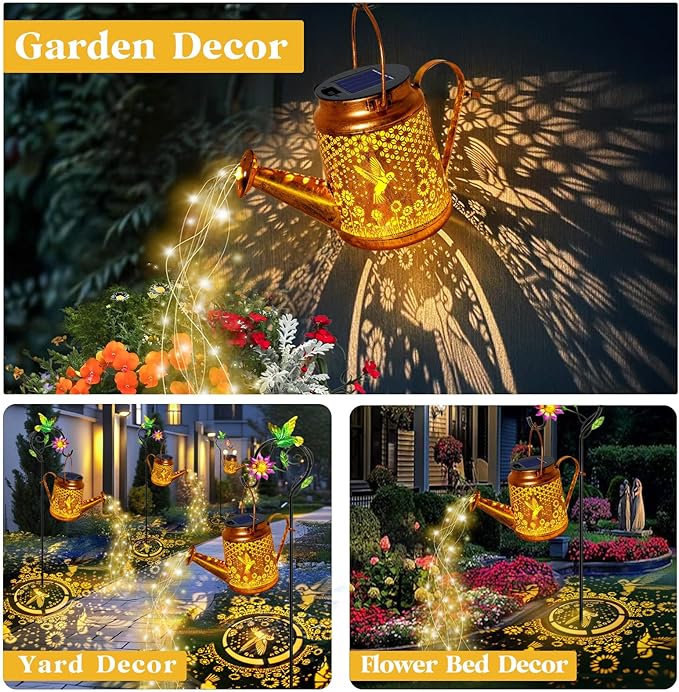 Solar Watering Can Lights, Hummingbird Hanging Lanterns Outdoor, Gardening Gifts for Mom Women Grandma Birthday, Waterproof Solar Lights Garden Decor for Outside Yard Art Patio Porch Lawn Backyard
