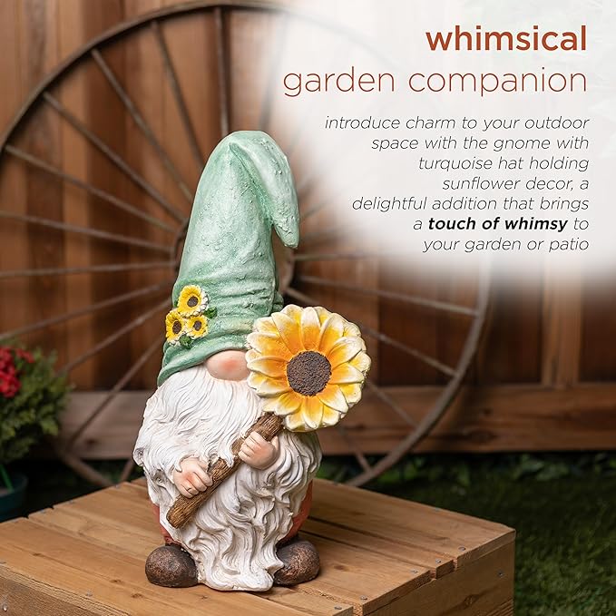 Alpine Corporation MCC842 Indoor/Outdoor Gnome Holding Sunflower Garden Statue, Charming Gnome Statue w/Hat, 21" H, Turquoise
