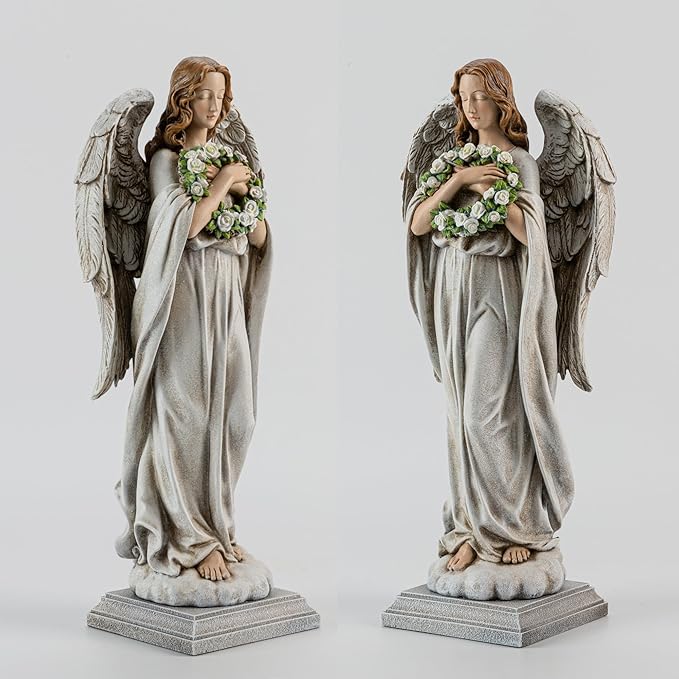 Garden Angel with Flower Wreath Statue - 16" Outdoor Memorial Angel Decor