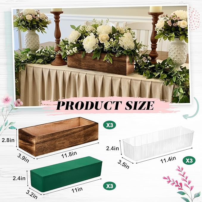 Dandat 3 Set Wood Boxes for Centerpieces Rectangle Wooden Planter Box Rustic Wood Planter with Removable Plastic Liner Floral Foam Blocks for Centerpieces Home Wedding Garden Decor (12x4 Inch)