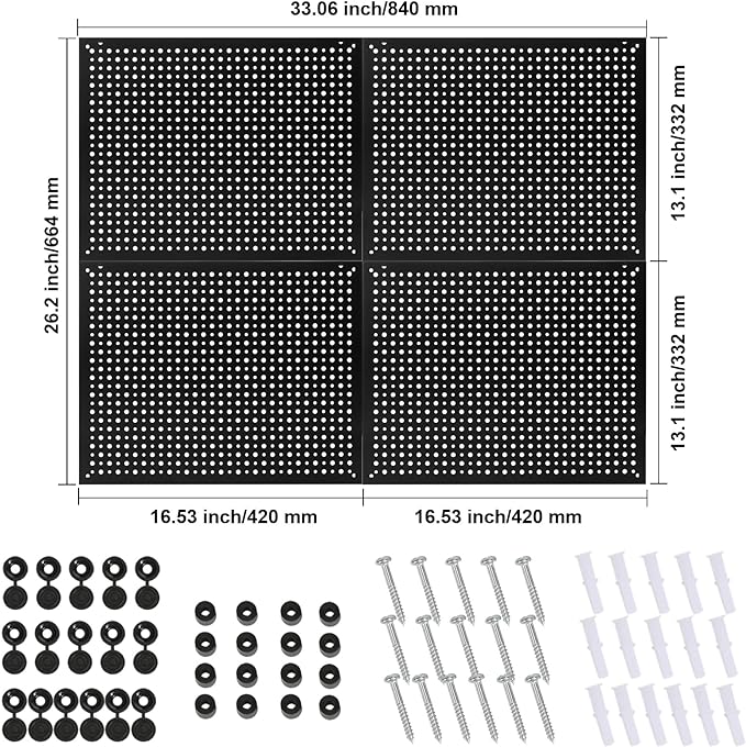 4 Pack Heavy Duty Steel Pegboard Garage Organization Panels,Universal 1/8 and 1/4 Pegboard Accessories,Suitable for Tool Storage,Garage Storage etc.(Black, 16X12)