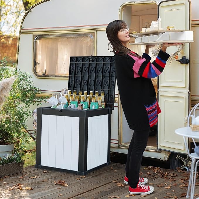 50 Gallon Resin Deck Box, Lockable Outdoor Storage Box for Patio Cushions Storage Furniture,Garden Tools, Pool Supplies, Weatherproof and UV Resistant (Black&White)