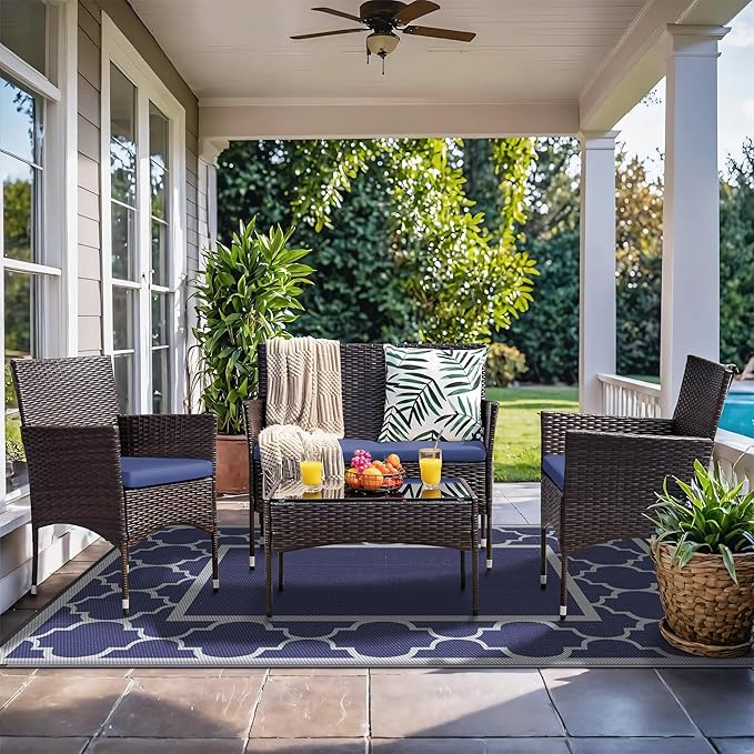 GENIMO Outdoor Rug 9' x 12' Patio Waterproof, Foldable Reversible Plastic Straw Area Rugs Mat for Camper Decor, Outside Carpet for Rv, Deck, Porch, Picnic, Beach, Balcony, Blue & Grey