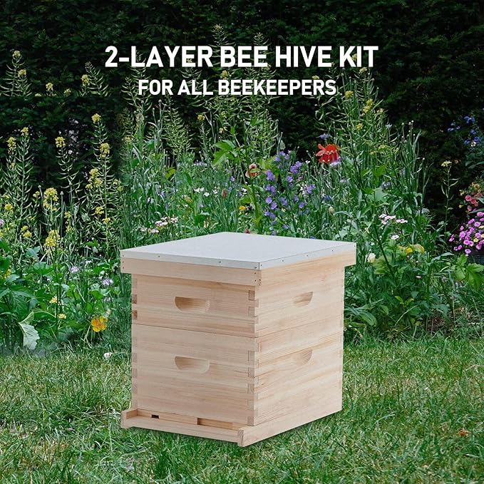 CREWORKS Bee Hive Boxes 10 Frame Langstroth Beehive, Bee Keeping Starter Kit Includes 1 Super Bee Box & 1 Bee Brood Box with Beehive Frames and Foundation, 2 Layers Complete Bee Hive Kit
