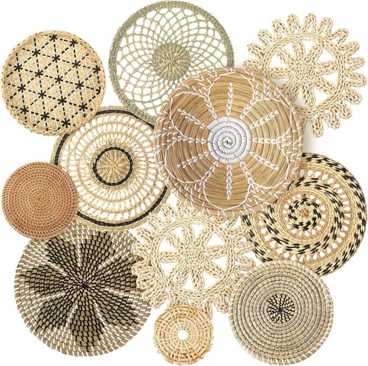 Tatuo 11 Pcs Boho Wall Basket Decor Decorative Bulrush Woven Basket Wall Decor Art Round Farmhouse Hanging Baskets for Kitchen Rustic Home Summer Decorations, Multi Sizes(Vivid)