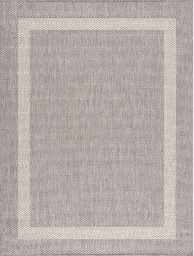 CAMILSON Outdoor Rug 8x10,Modern Outside Rugs for Patios Porches Waterproof Durable Washable Non-Shedding, Easy-to-Clean Indoor Outdoor Area Carpet (8 x 10, Bordered - Gray/White)