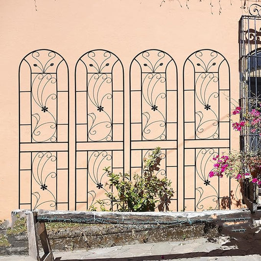 Metal Garden Trellis Rustproof Trellis for Climbing Plants Outdoor Flower Support Peacock Style (Black-4 Pack, 86.7"x19.7")