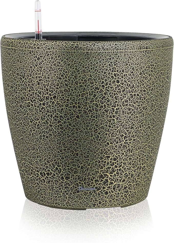 Dexceder 13x12 Self Watering Planter with Wheels Indoor Outdoor, Inner Pot Design, Thickened Large Floor Standing Flower Plant Pot with Water Level Indicator (Black Gold Crackle)
