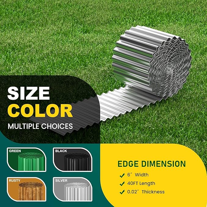 Corrugated Metal Garden Edging, 6"×40Ft Durable Landscape Border for Garden, Lawn, Flower Beds and Paver Edging (Silver)
