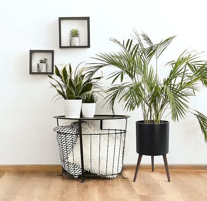 D'vine Dev 14 Inch Planter Pot with Stand, Mid-Century Tall Plant Pot with Legs for Indoor Plants, X-Large, Black, 88-O-D-2