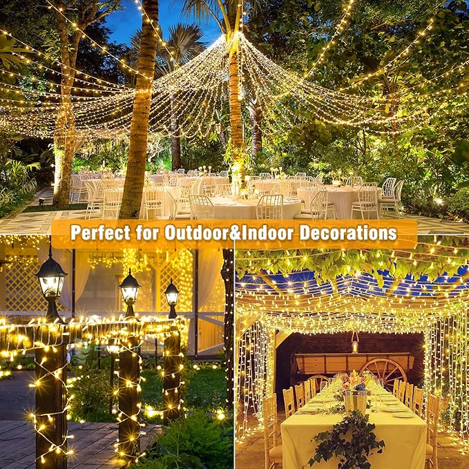 33ft 100 LED Christmas Lights Outdoor Waterproof, Warm White Christmas String Lights Indoor Clear Wire 8 Modes, Plug in Twinkle Fairy String Lights for Bedroom Wedding Home Party Garden Decorations