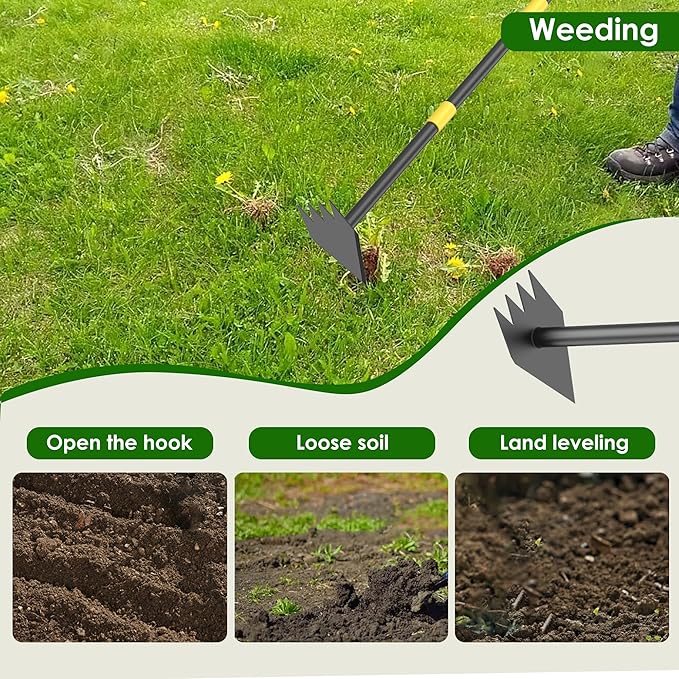 Dual Headed Weeding Tool, Long Handle for Loosening Soil Weeding Digging with Heavy Duty Stainless Steel Manual Weeder Hoe Garden Tool 17-45 inch Metal Black