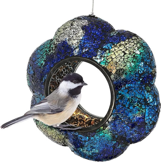 Sunnydaze 10-Inch Glass Mosaic Hanging Bird Feeder for Outdoors - Fly-Through Wild Bird Feeder - Indigo Flower Mosaic