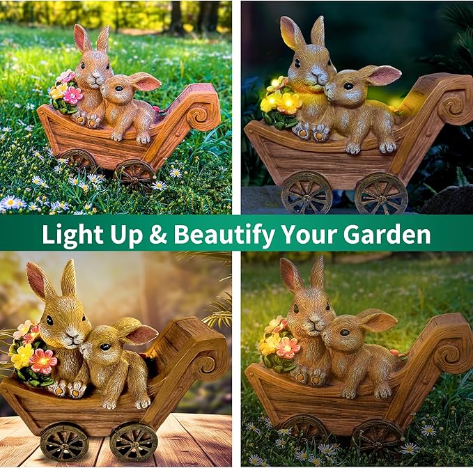 Bunny Solar Garden Statues, Rabbit Decor & Yard Ornaments, Cute Garden Decor for Outside, Gifts for Moms, Solar Figurines Outdoor Statue, Gardening Gifts for Women, Bunnies Ornament - Large